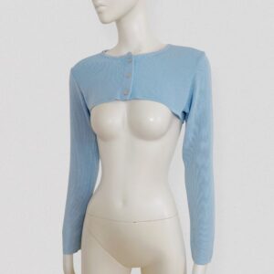 Vintage 00s Y2K ROCCOBAROCCO Baby blue knit bolero cardigan with white pearl embellished neckline