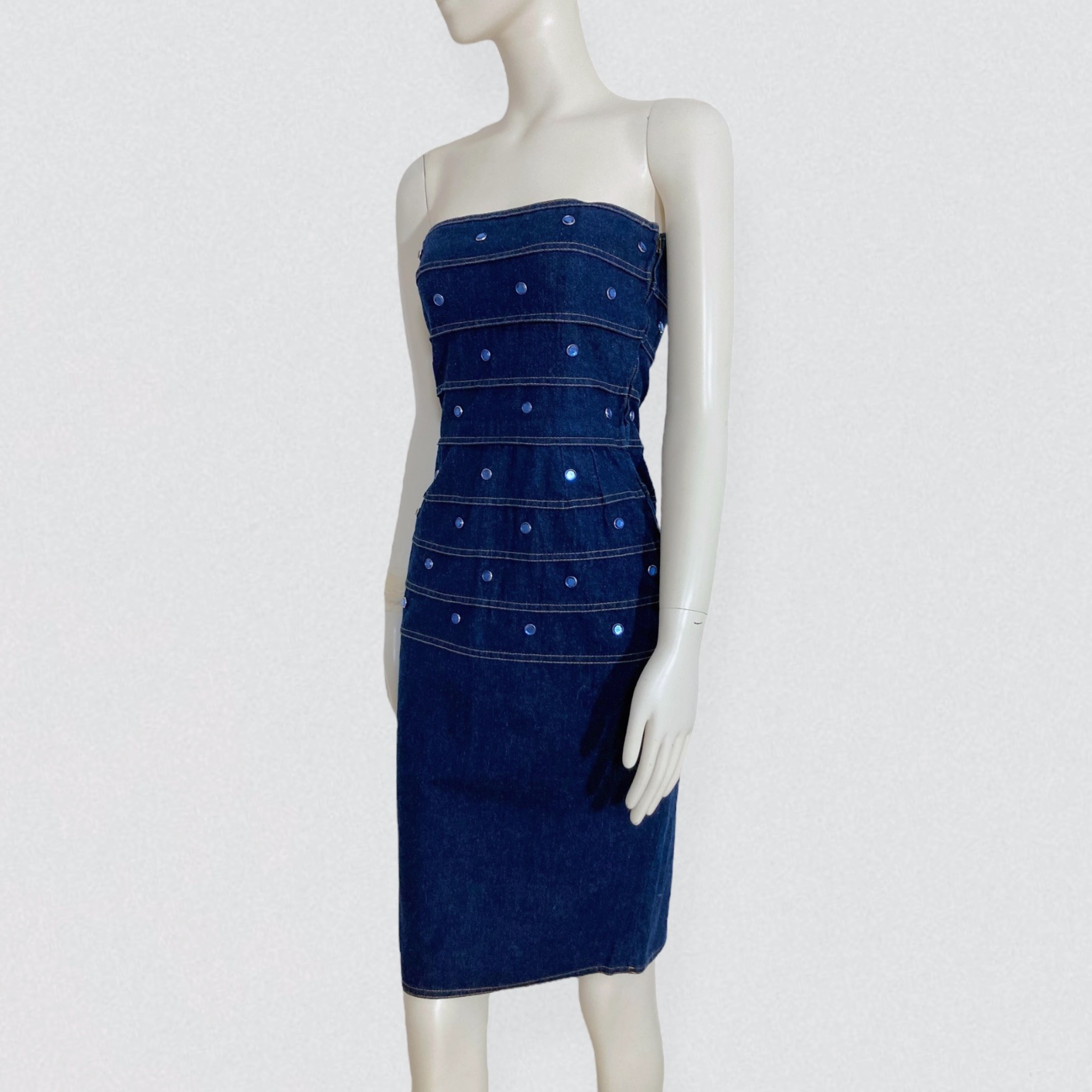 ANGELO TARLAZZI – Blue denim strapless bustier dress with decorative topstitching & rhinestones 2