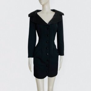 JEAN-LOUIS SCHERRER vintage 80s Black wool mini coat dress with satin collar 1