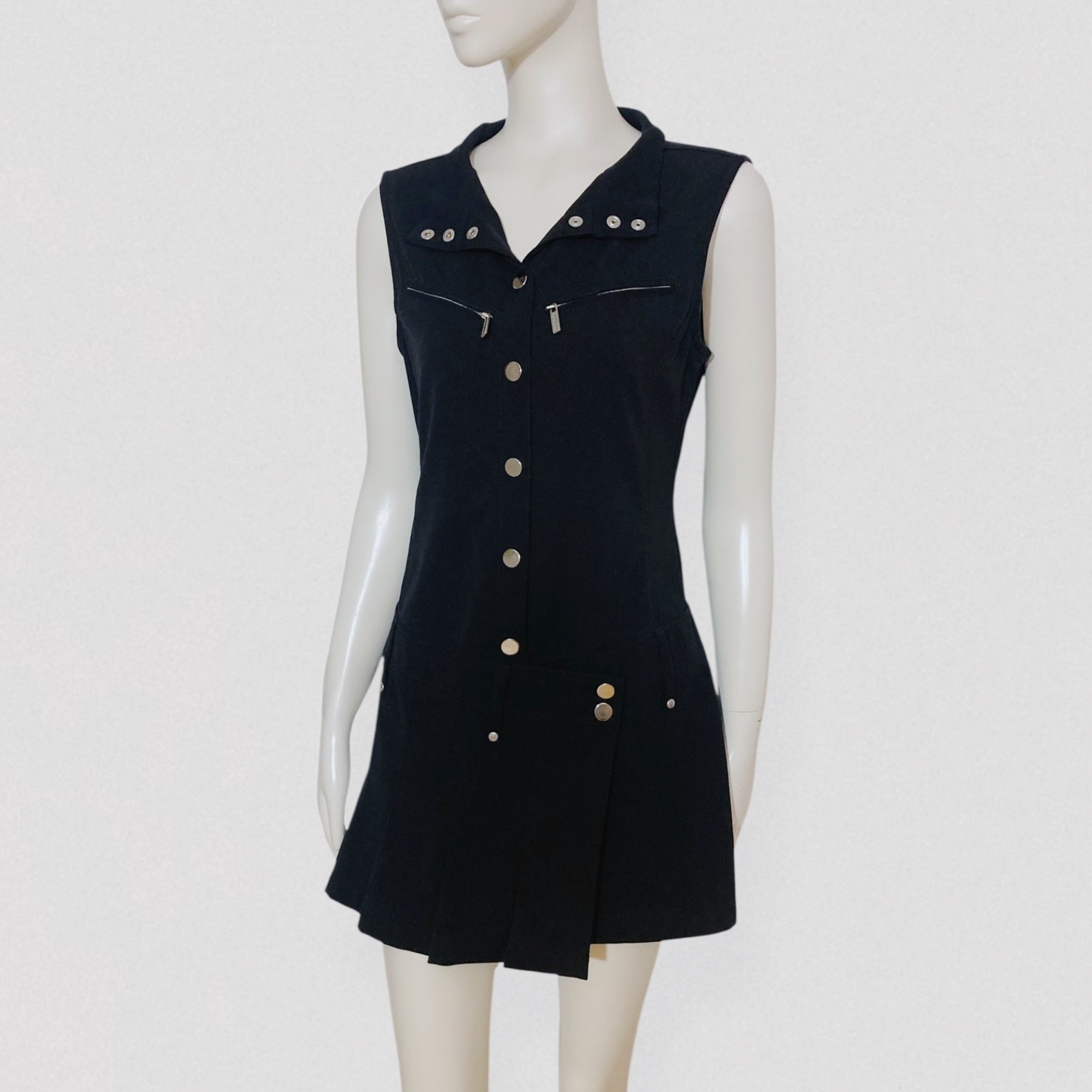 BYBLOS BLU vintage 00s Y2K Black drop Waist mini dress with mirror metal buttons