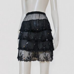 CHANTAL THOMASS vintage 90s coquette Black silk semi-sheer mini skirt with ruffles, sequins & floral embroidery