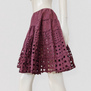 Vintage 00s KENZO High-waisted burgundy ruffled mini skirt with cutout circle motif