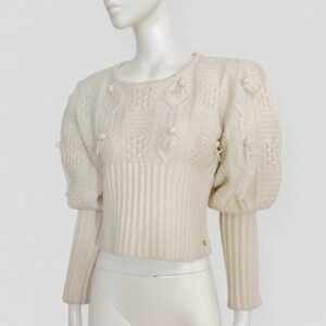 Vintage 90s SONIA RYKIEL Ecru wool sweater with balloon sleeves, cable knit & pom-poms