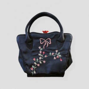 Vintage BLUMARINE 1999 archives floral & bow embroidered black minaudière bag with rose flower clasp