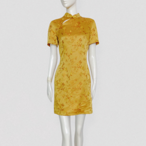 Vintage 80s gold satin cheongsam dress with floral & Butterfly embroidery