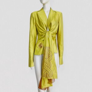 Vintage 90s GIANFRANCO FERRE Yellow silk shantung belted blazer with gold embroidery