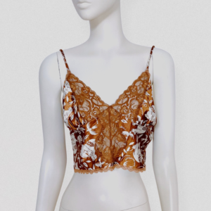 Vintage 80s VALENTINO INTIMO Brown satin & lace crop camisole top with white elephant & bird print