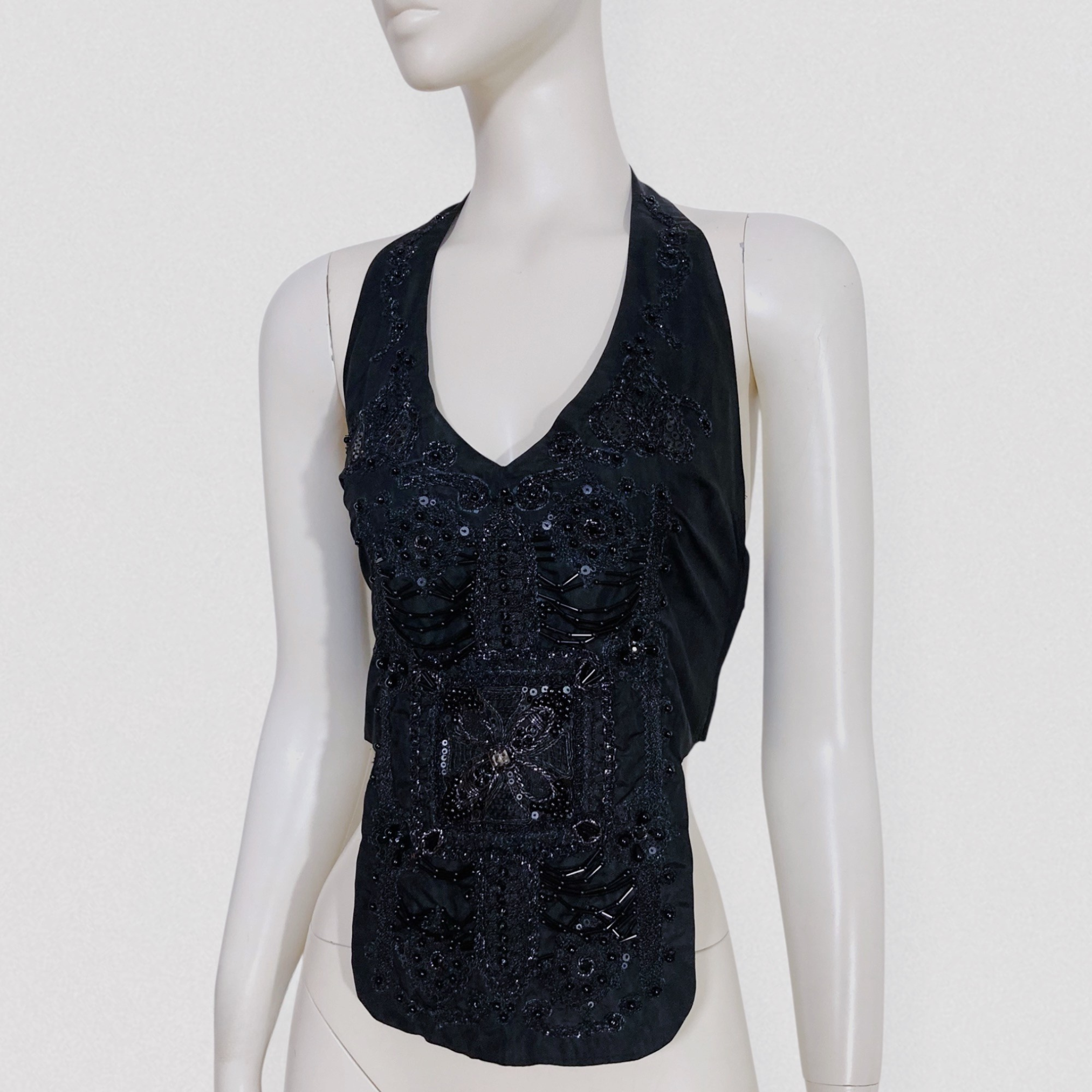 Rifat ozbek FUTUR OZBEK F/W 2001 runway black halter top with beaded embroidery