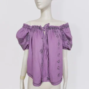 Vintage 2000 YVES SAINT LAURENT Purple embroidered cotton peasant blouse with balloon sleeves