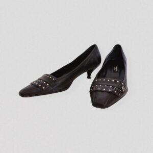 Vintage 90s SONIA RYKIEL black leather kitten heel pumps with studs & fringes