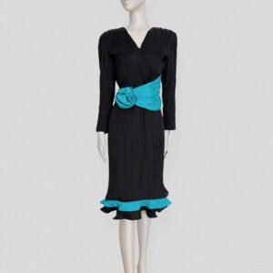 TORRENTE vintage 80s Black pleated silk dress with turquoise belt